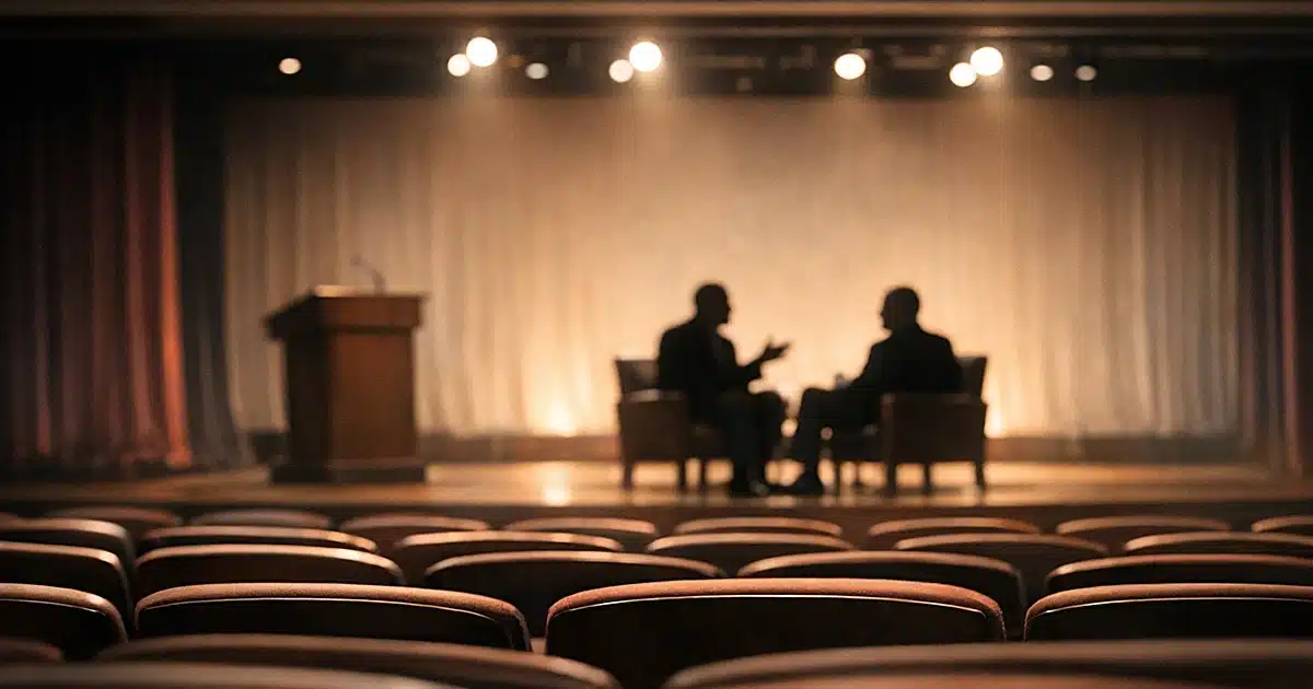 University auditorium with silhouetted figures on stage in discussion, viewed from audience seating