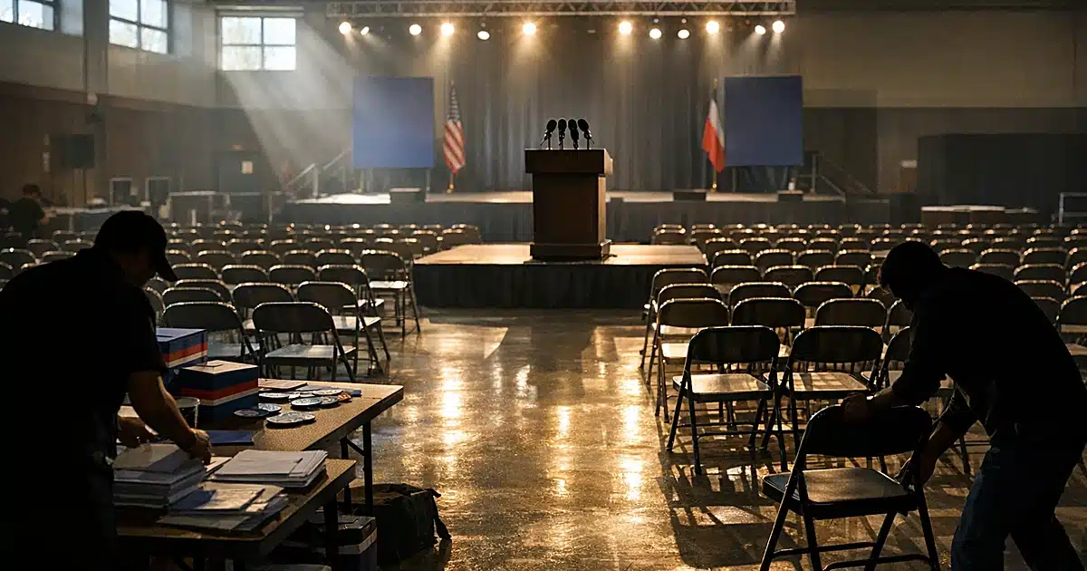 Empty campaign rally venue with podium, microphones, and scattered chairs in upstate New York setting