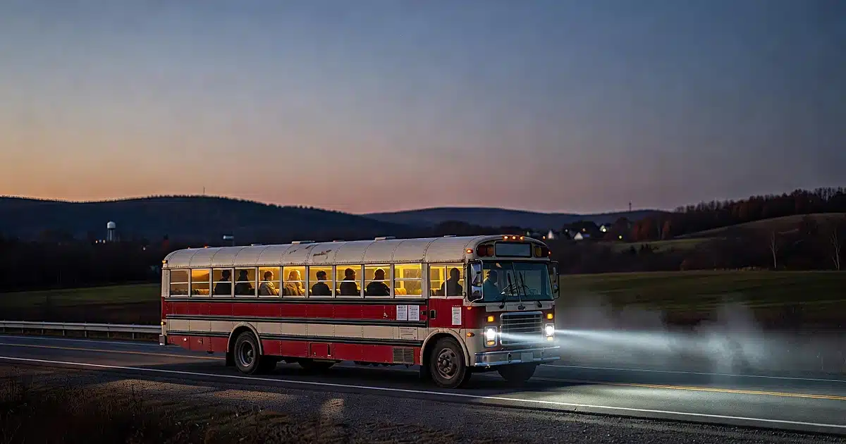 Campaign tour bus on rural highway at dusk with silhouetted figures inside and rolling hills in background