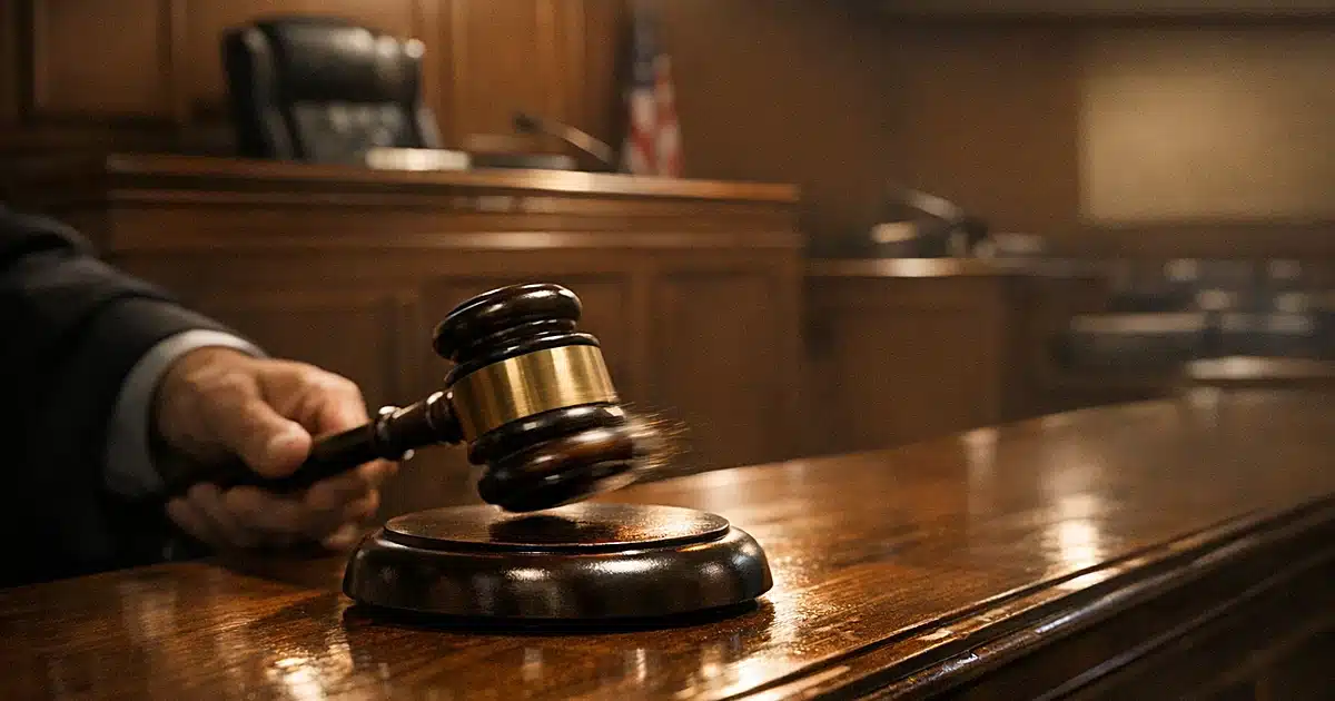 Empty courtroom with judge's bench in dramatic lighting, gavel captured mid-strike on polished wood surface