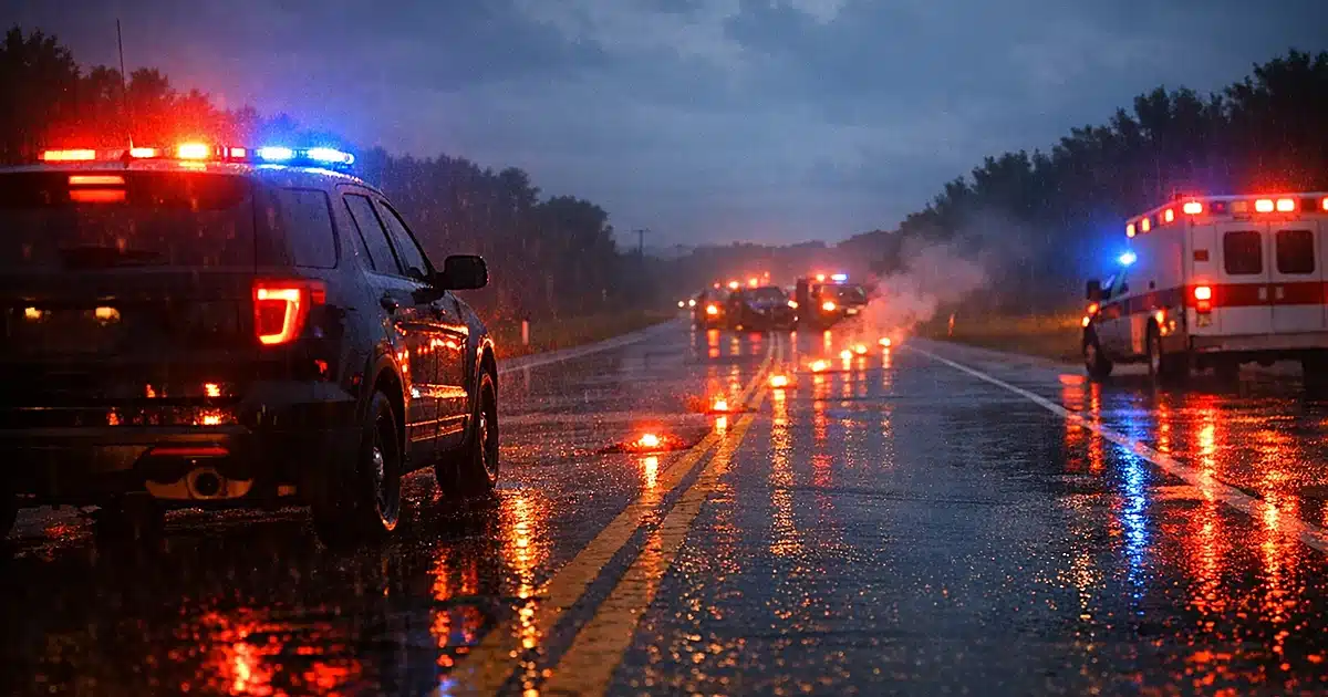 Emergency vehicle lights reflecting on wet highway at dusk with storm clouds overhead