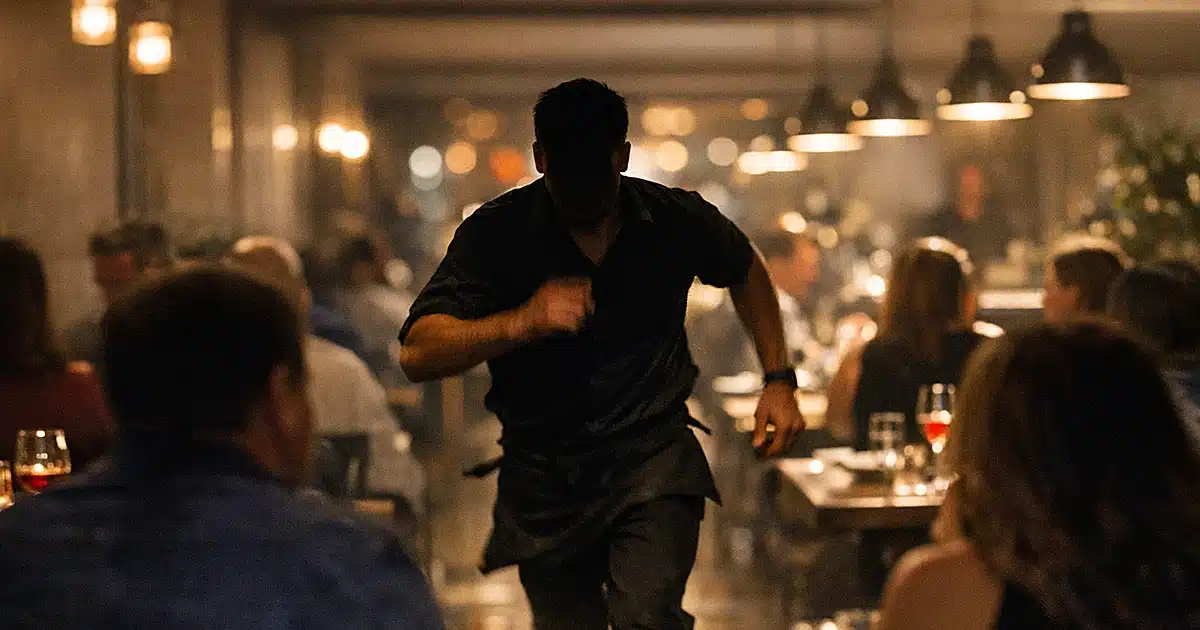 Silhouette of restaurant server moving urgently through dining room aisle between occupied tables