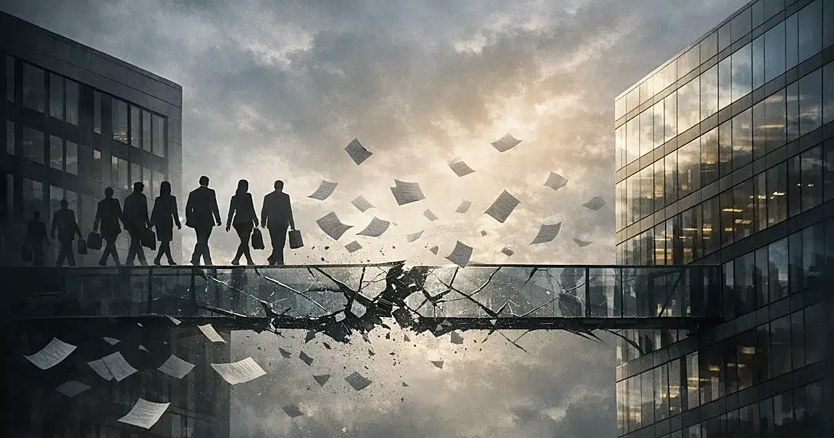 Two office towers connected by cracking bridge with silhouetted figures crossing between them and papers flying