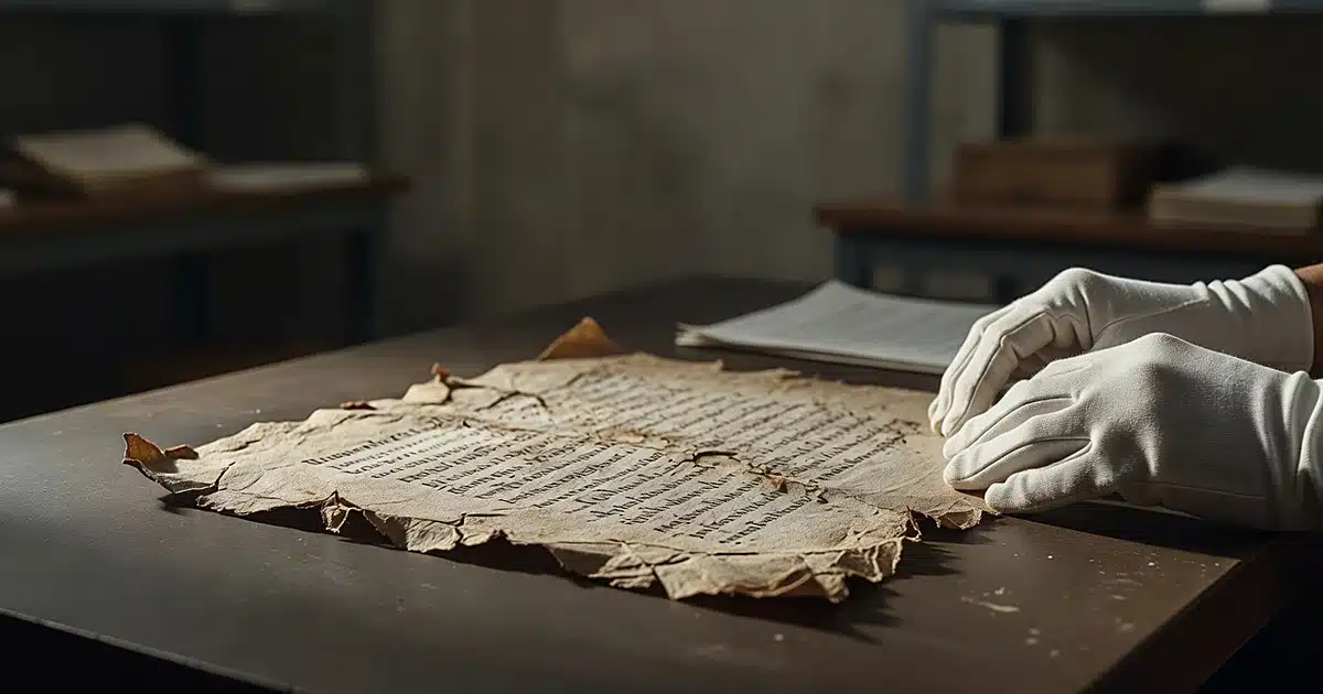 Ancient damaged parchment fragment on examination table under conservation lighting in archival vault
