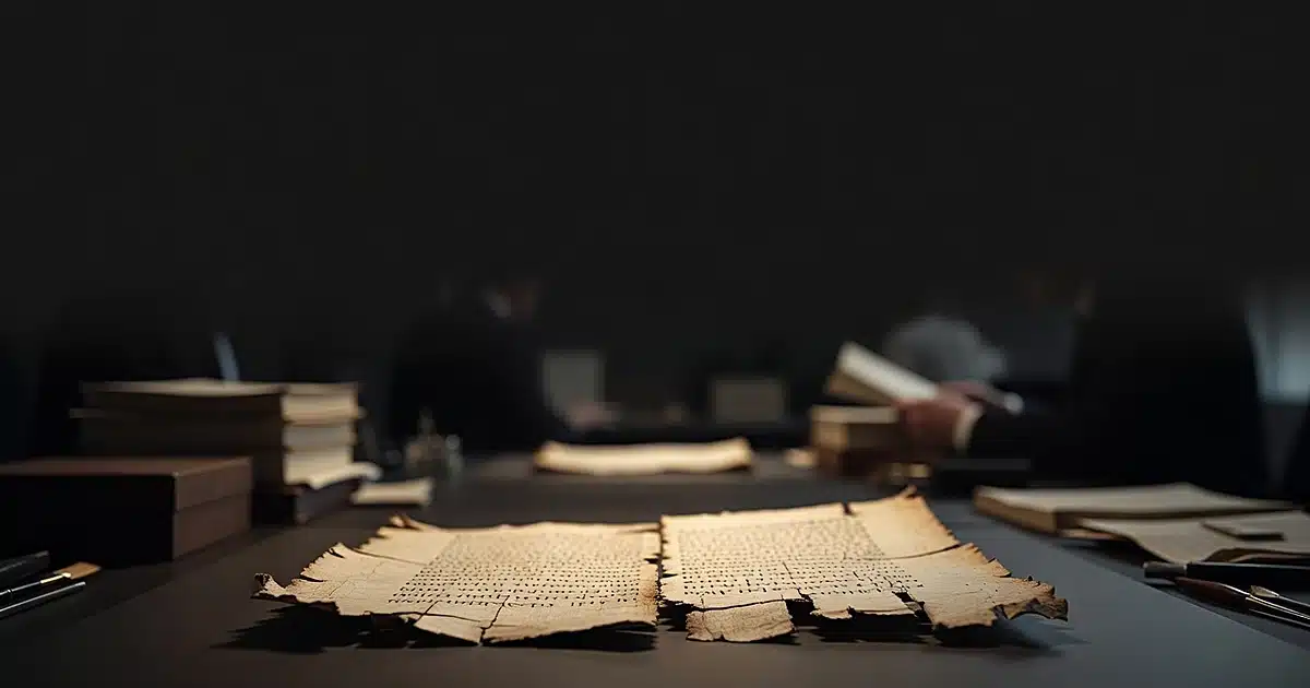 Ancient damaged parchment fragment on examination table under conservation lighting in archival setting