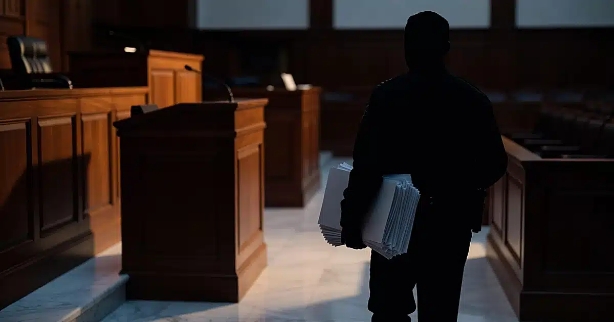 Empty Manhattan courtroom interior with silhouetted court officer carrying files past witness stand at dusk