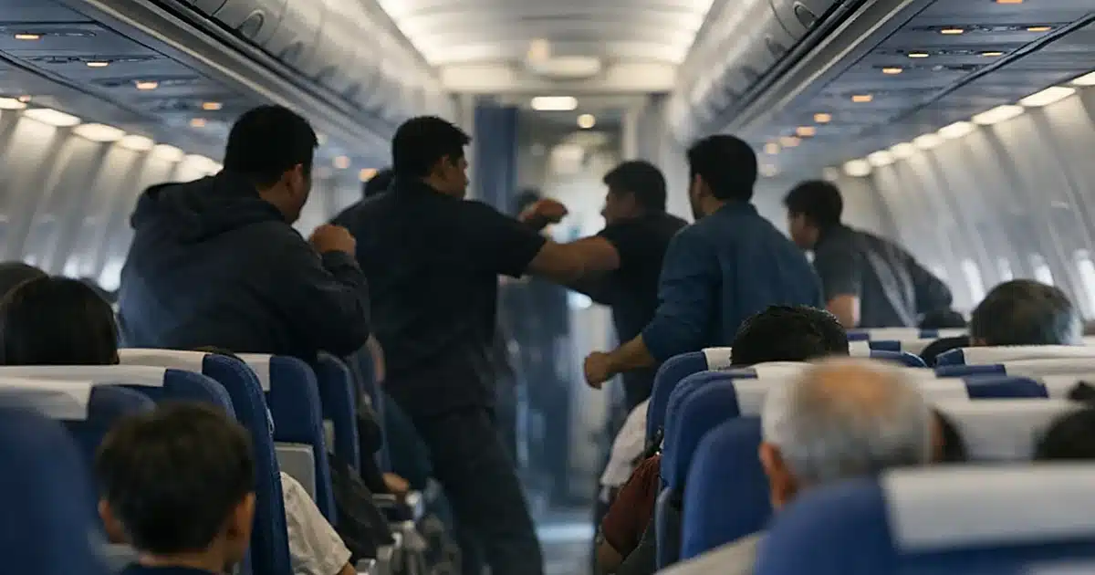 Interior aisle of commercial aircraft cabin with passenger silhouettes and overhead compartments