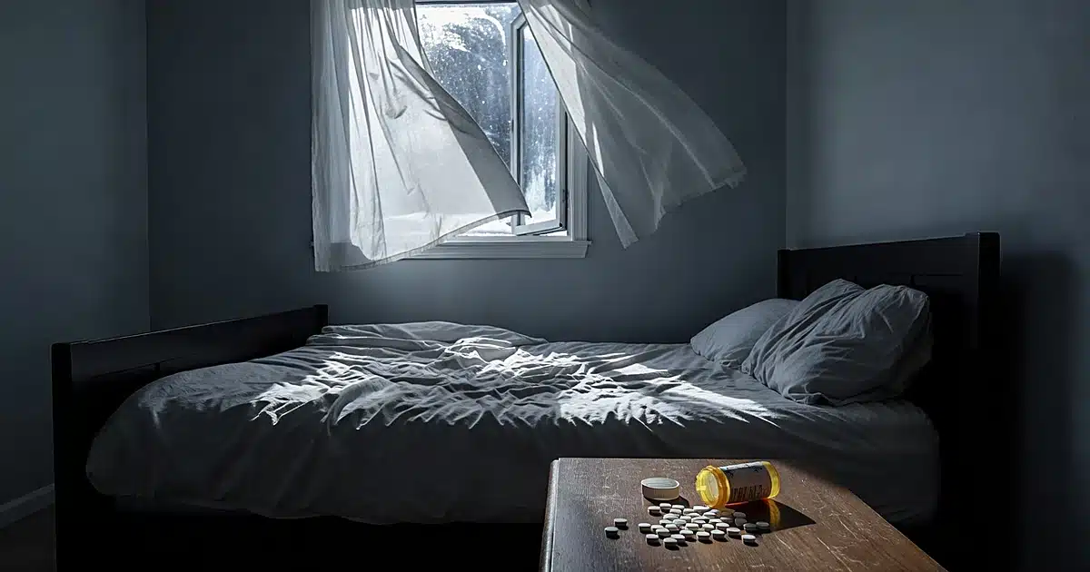 Dark bedroom interior with open window, scattered pills on nightstand, rumpled bedding in harsh morning light