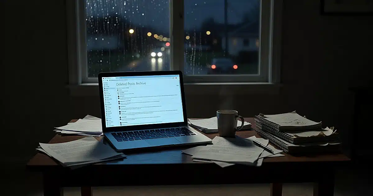 Dimly lit home office desk at night with glowing laptop and rain-streaked window showing blurred streetlights