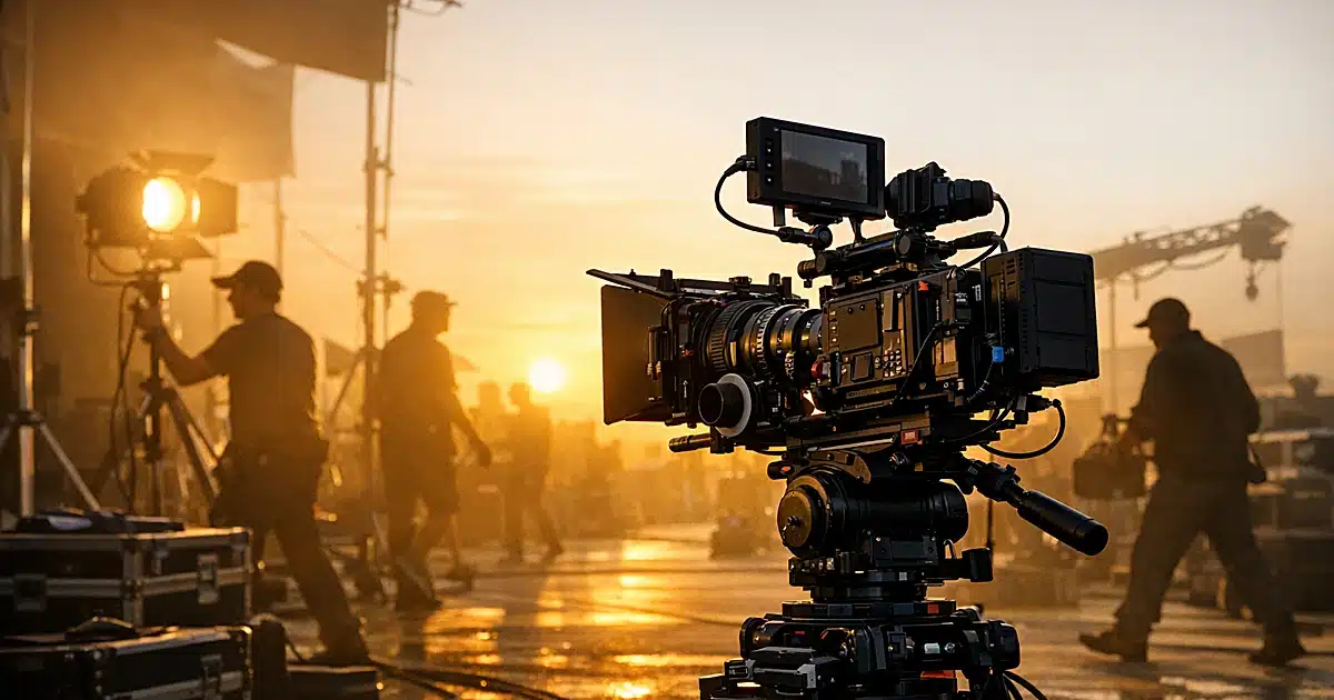 Professional film camera rig on active movie production set with crew silhouettes working in background