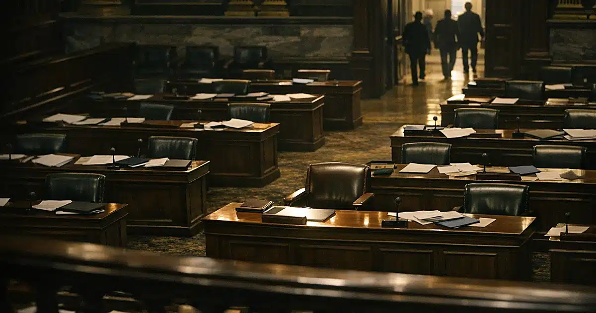 Empty legislative chamber with vacant desks and scattered papers, single spotlight on empty front seat