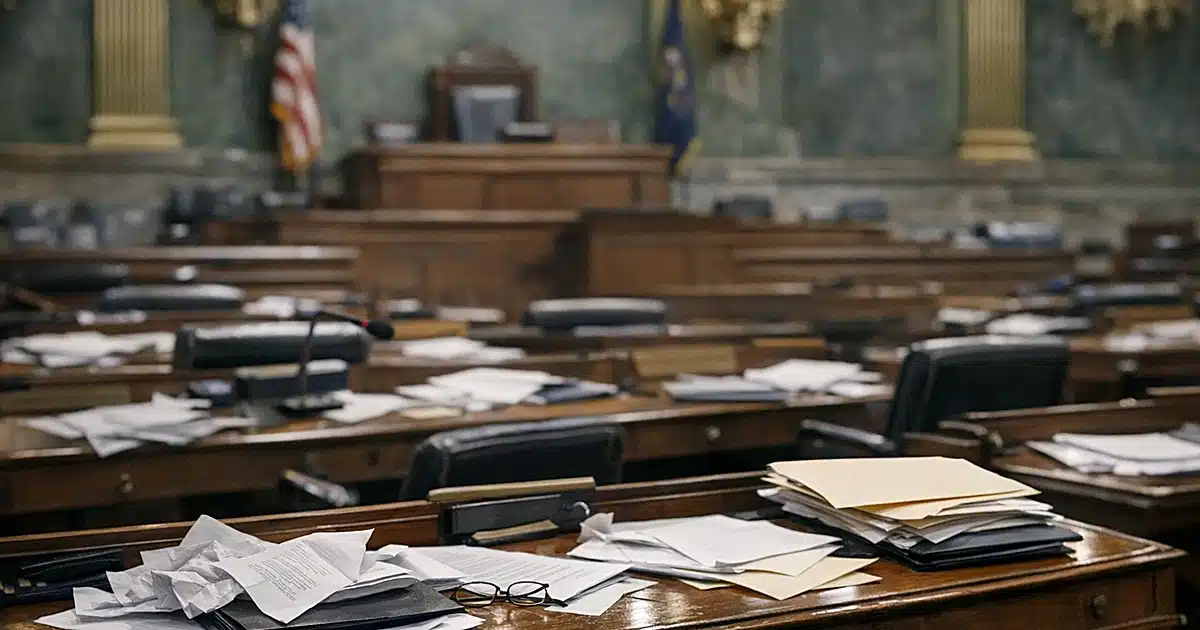 Empty legislative chamber with scattered papers on desks and vacant presiding chair