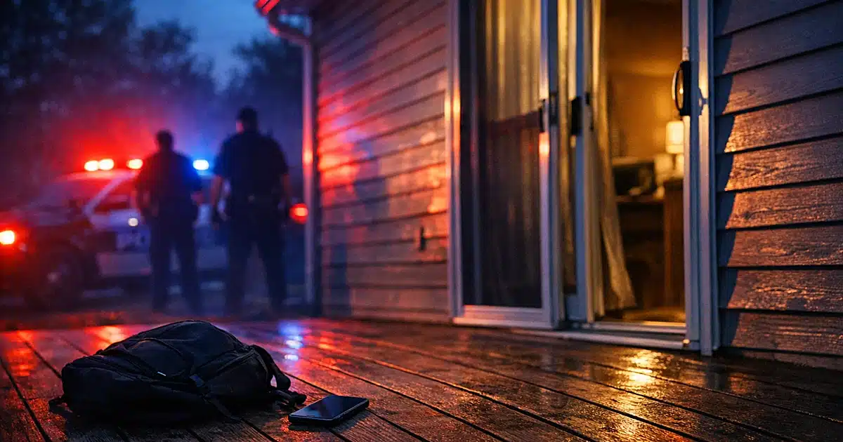 Police emergency lights illuminating a residential back patio at night with abandoned personal items on wooden deck