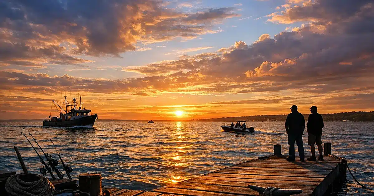 Lake Erie waters at sunset with fishing dock and boats along Pennsylvania shoreline