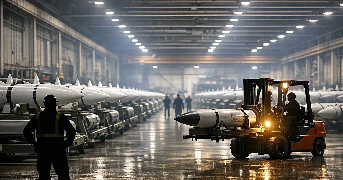 Military warehouse interior with rows of interceptor missiles and silhouetted workers in motion