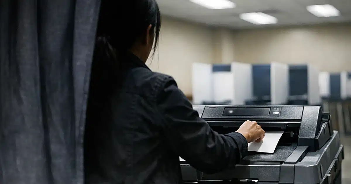 Silhouetted voter inserting ballot into scanner inside polling booth with institutional lighting