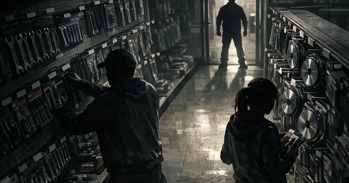 Silhouettes of two people in hardware store aisle with tools on shelves, viewed from security camera angle