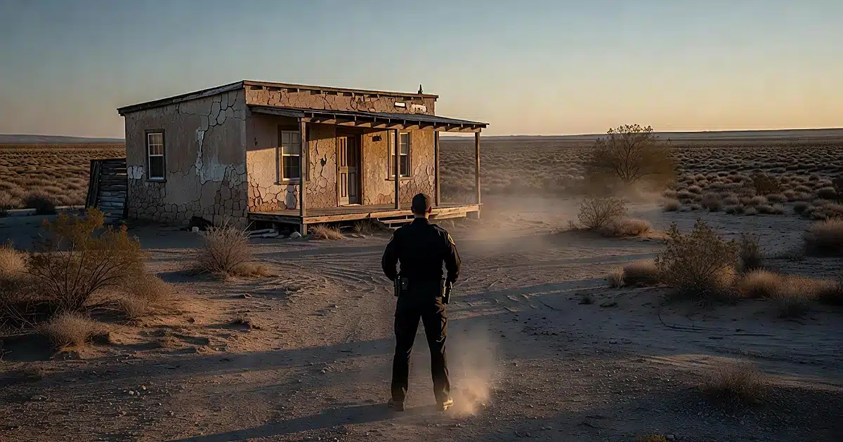 Law enforcement officer silhouette near patrol car at remote desert home during investigation at dusk