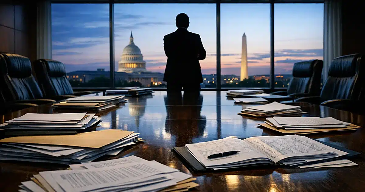 Federal office conference table with documents and silhouetted figure against Washington DC skyline at dusk