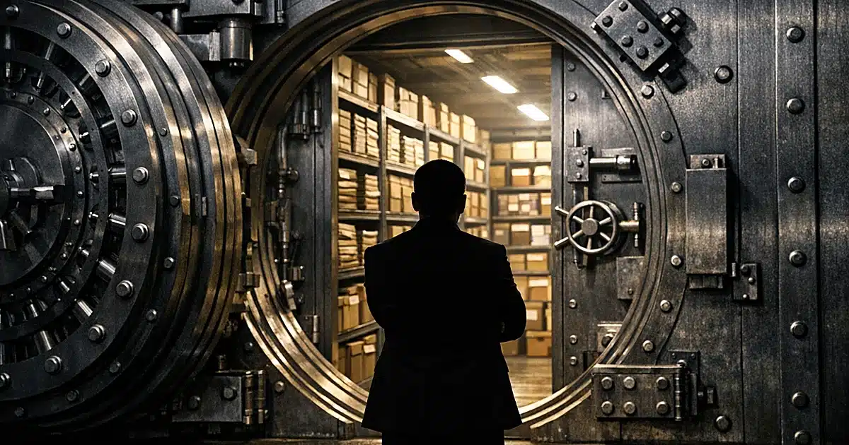 Open federal vault door with document storage and silhouetted official in government evidence room