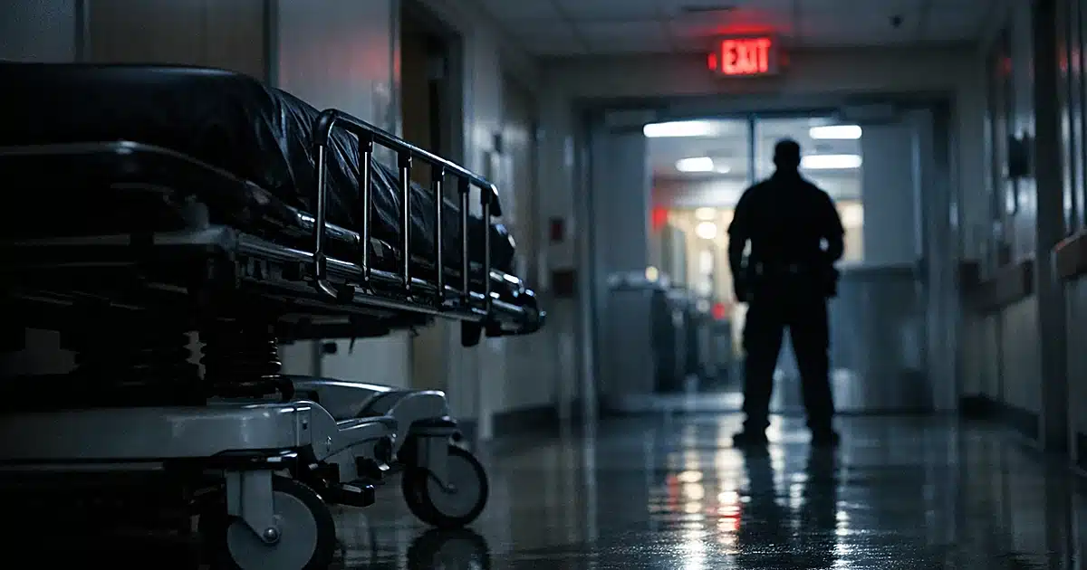Dark hospital corridor at night with silhouetted gurney and security guard figure in background