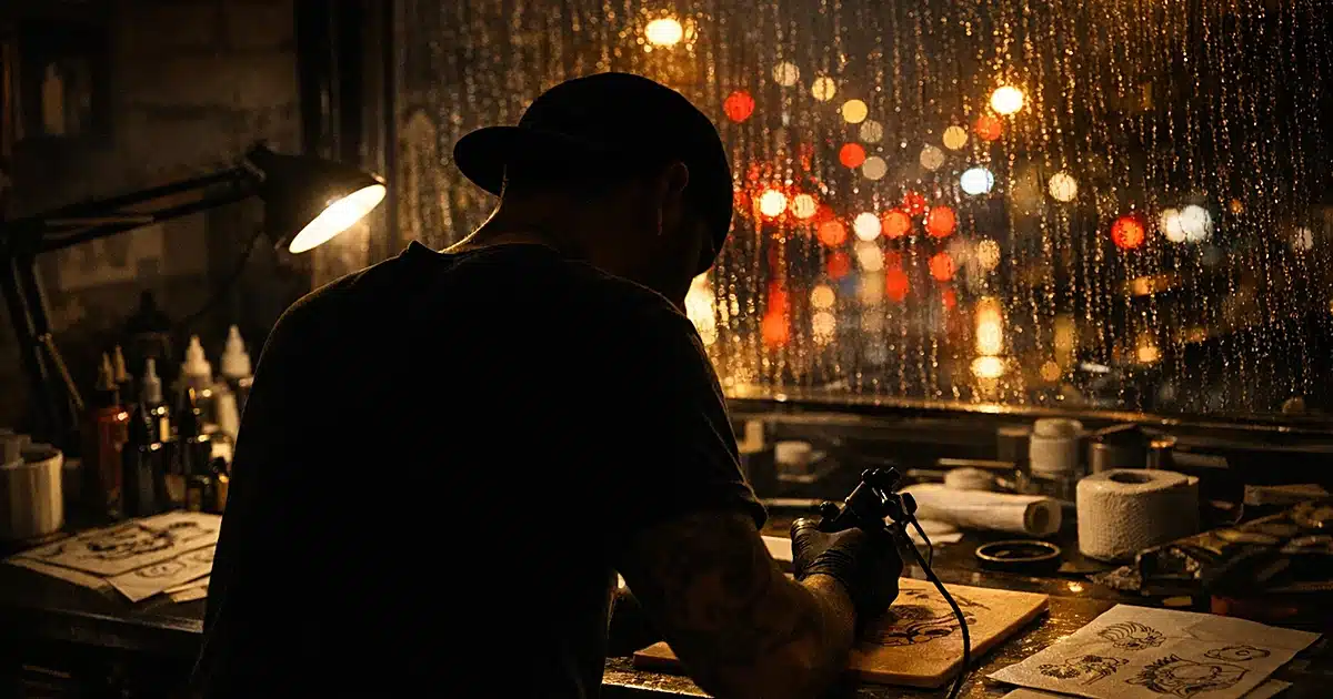 Silhouetted tattoo artist working at cluttered station in dimly lit Portland parlor with rain-streaked window
