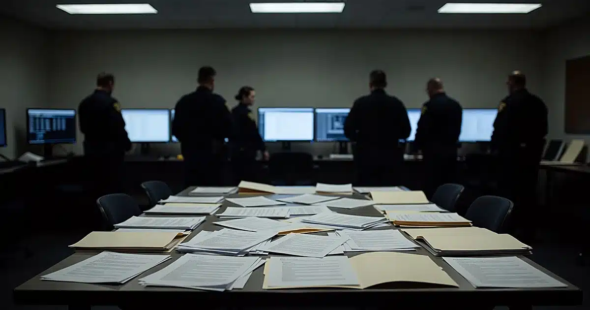 FBI task force operations room with evidence table and silhouetted investigators reviewing materials