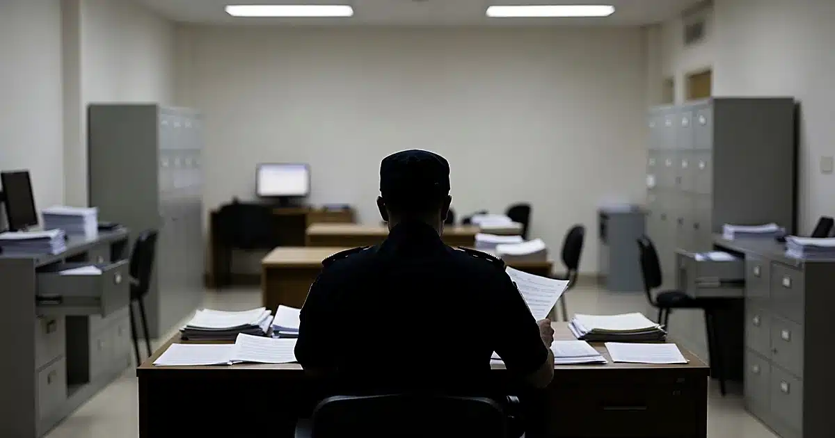Police precinct administrative office with desk, paperwork, and silhouetted officer working from behind