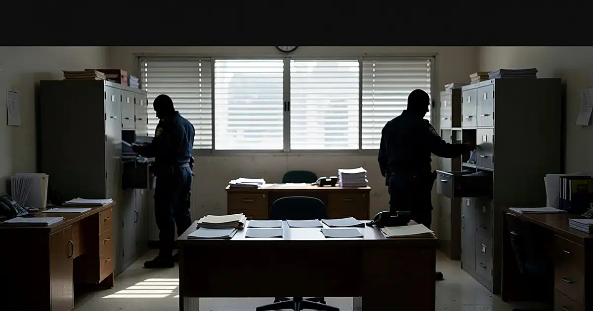 Police station administrative office with desk paperwork and silhouetted officers working at filing cabinets