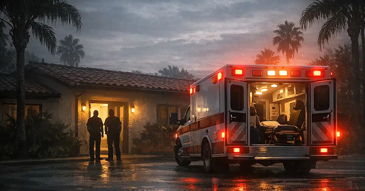 Ambulance with lights on parked outside a California residential treatment facility at dawn with palm trees