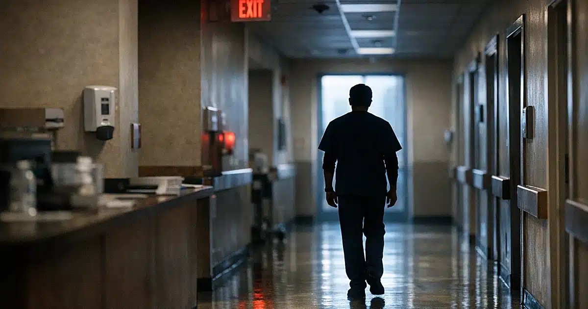 Silhouetted medical staff member walking down rehabilitation facility corridor toward window with morning light