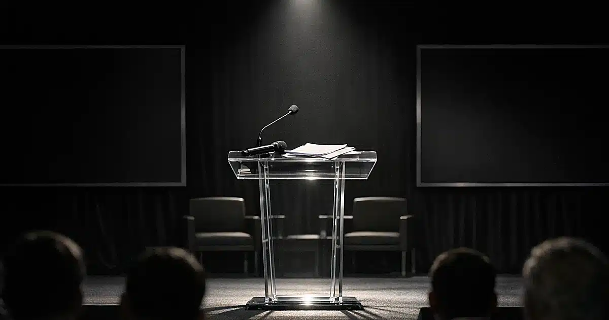 Empty conference stage with dark podium and two blank LED screens under spotlight