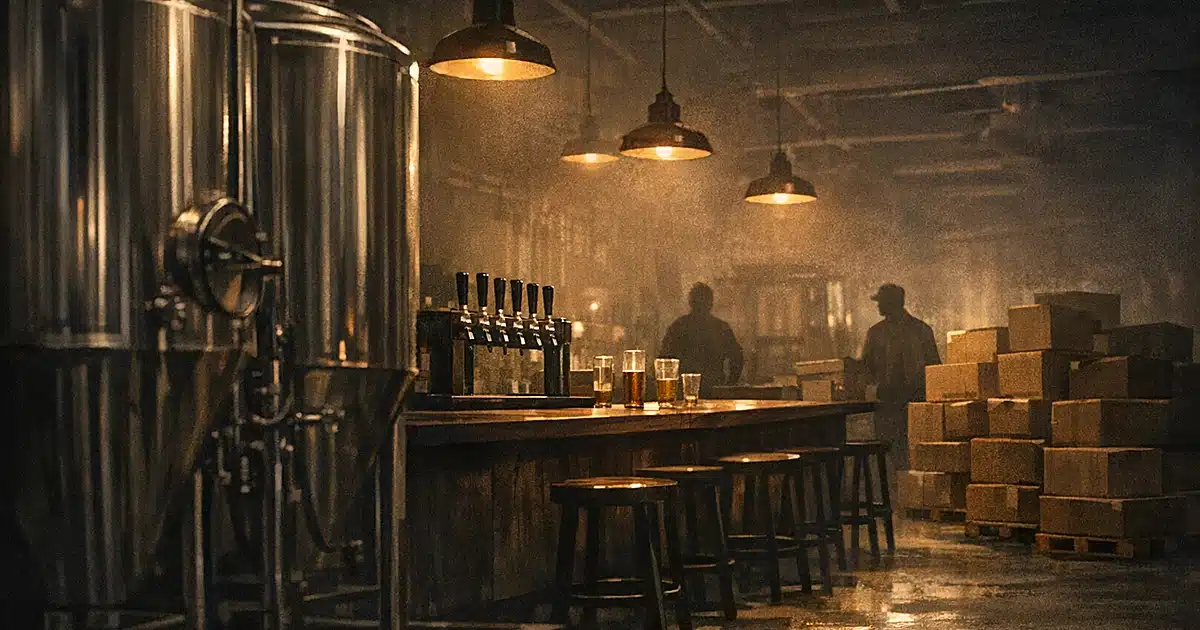 Empty brewery interior with stainless steel fermentation tanks, abandoned bar counter, and packed boxes in dim lighting