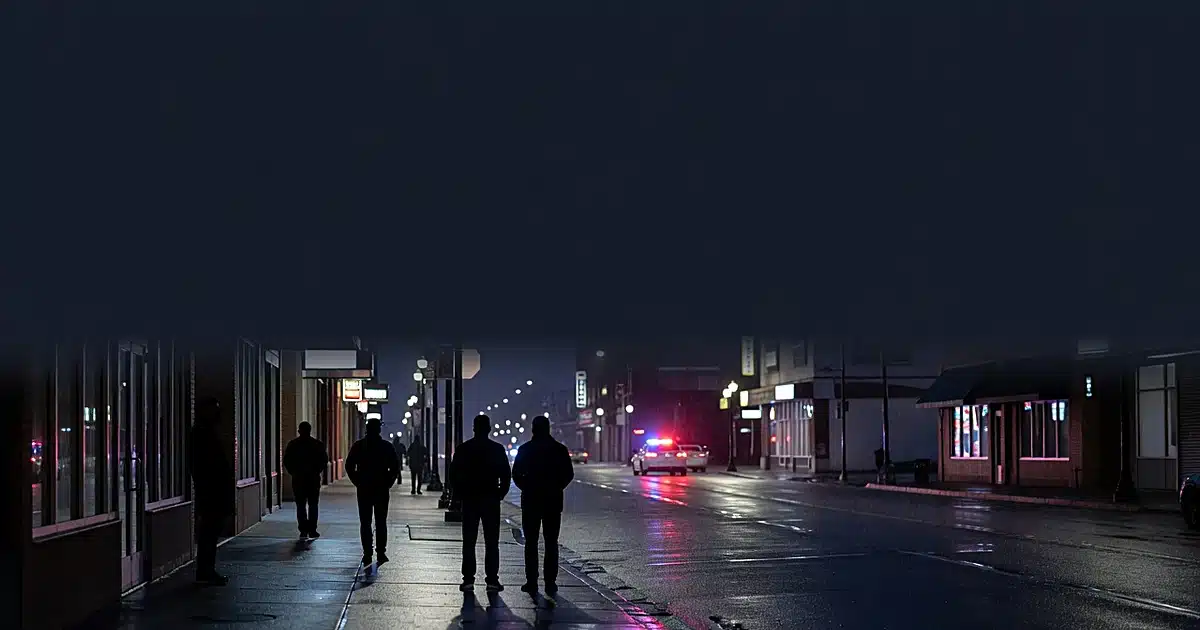 Nighttime urban street with silhouetted figures and distant police lights reflecting on wet pavement