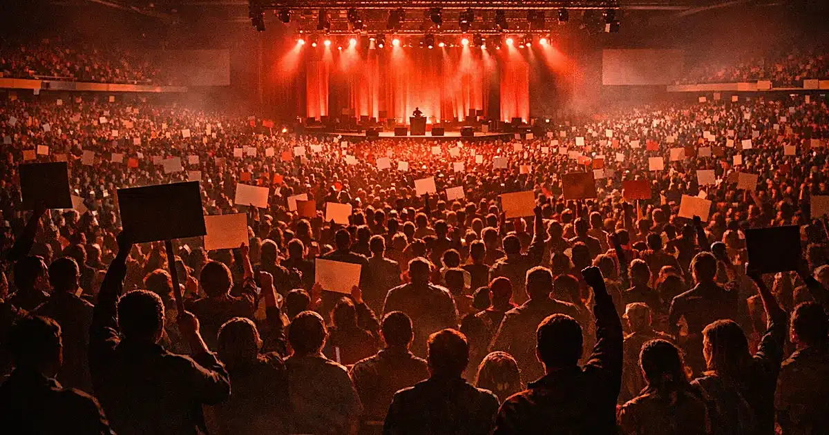 Wide view of massive political rally with thousands of silhouetted attendees under dramatic red stage lighting