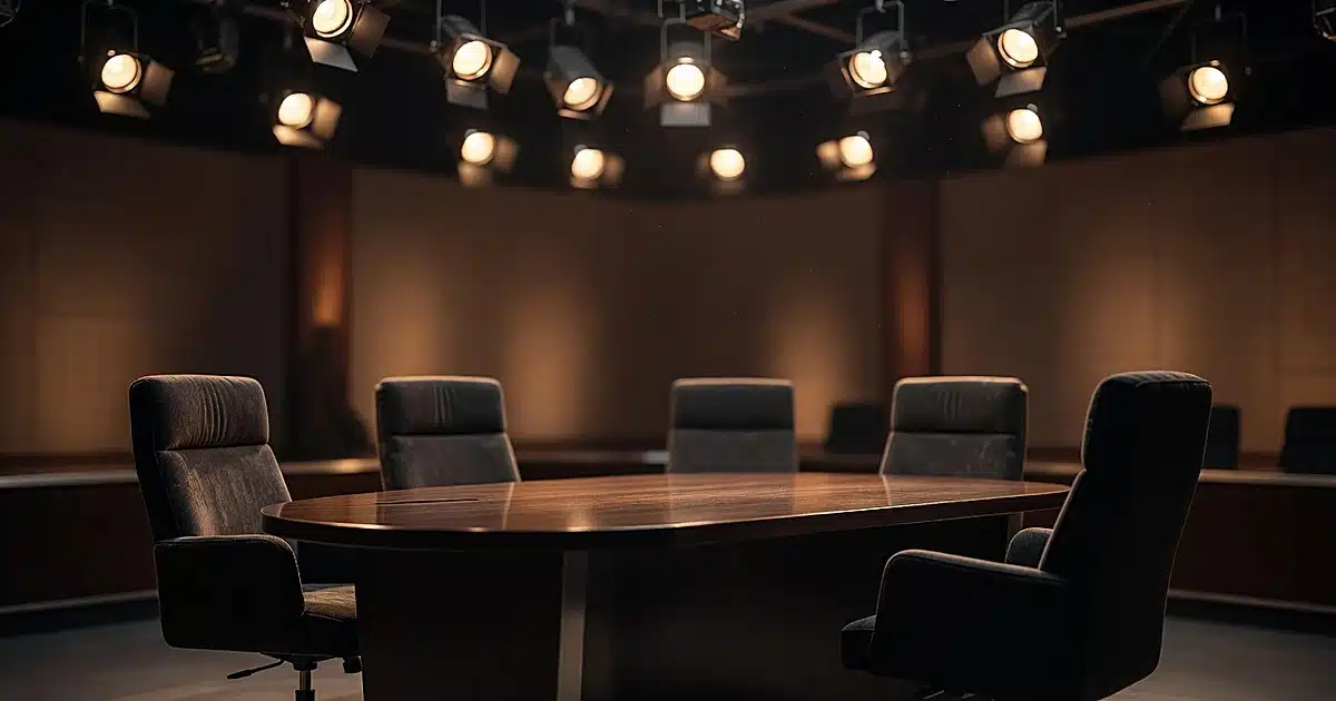 Empty broadcast studio talk show set with four chairs around curved desk under professional lighting
