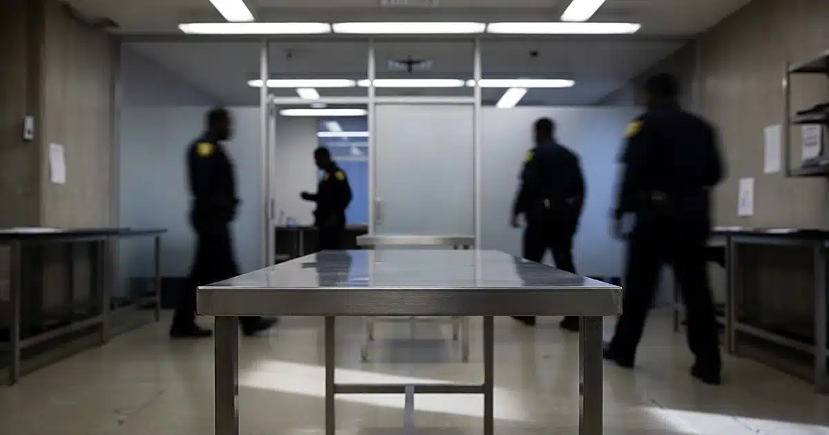 Evidence examination table in county courthouse with law enforcement silhouettes in background