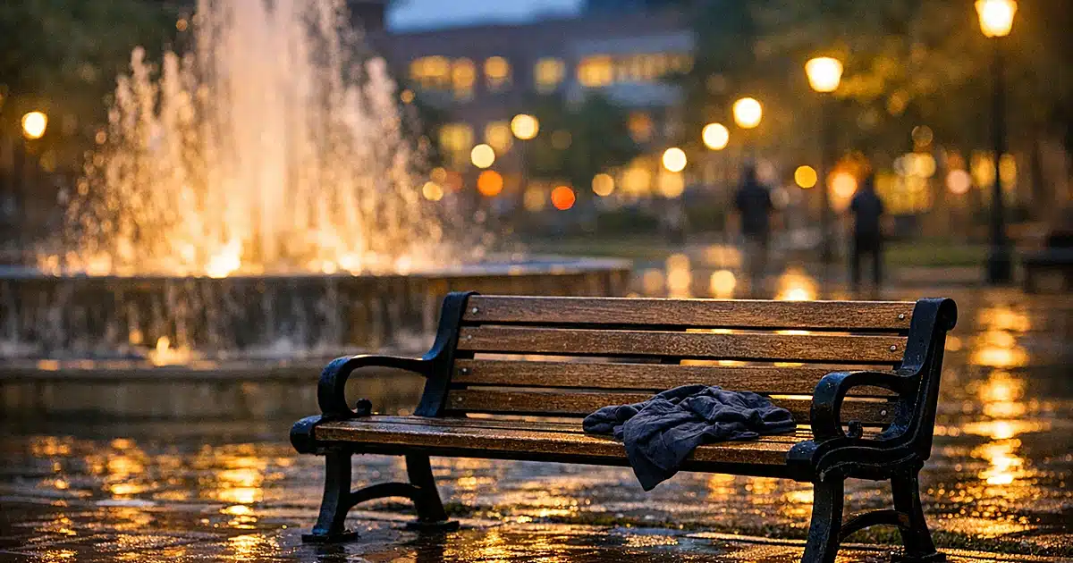 Empty campus bench near fountain at dusk with discarded clothing, shot with shallow depth of field