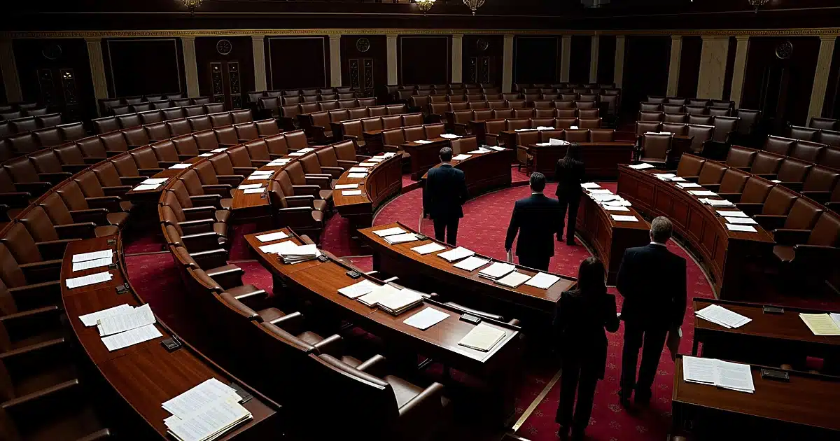 Senate chamber interior with scattered papers on desks and silhouetted figures moving through aisles