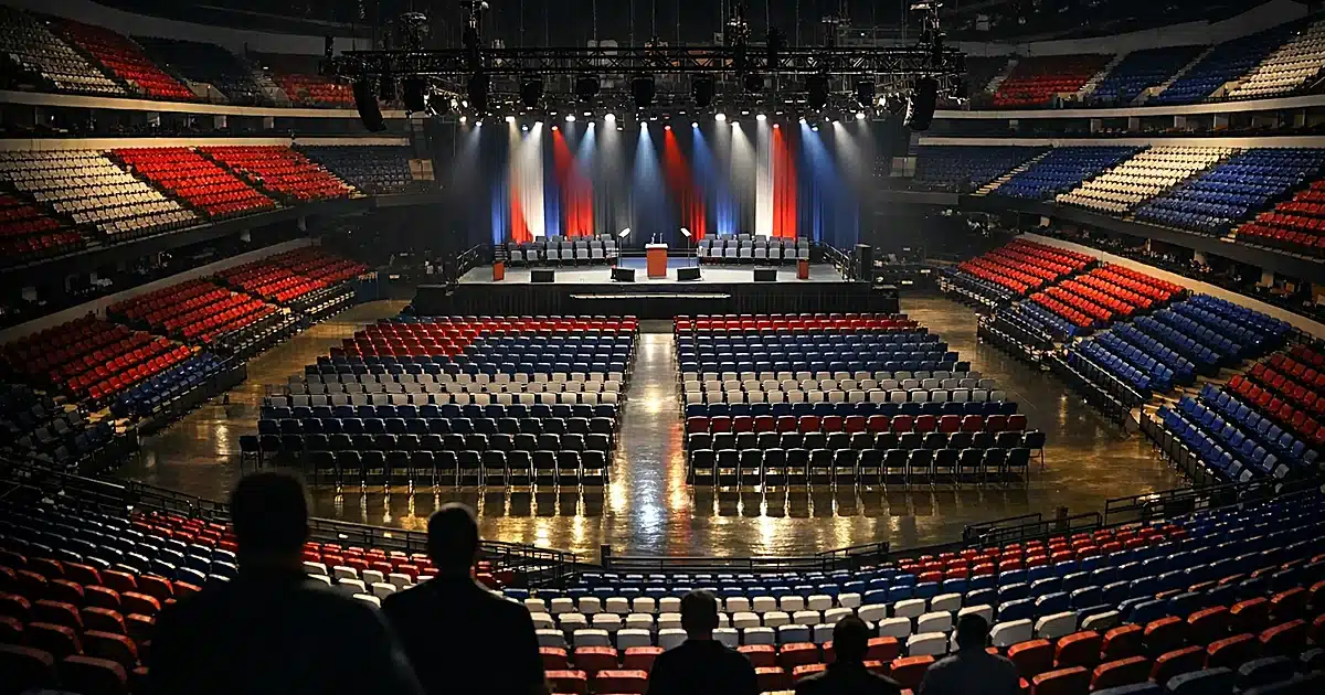 Wide view of empty arena seats facing an illuminated stage with podiums awaiting a political convention event