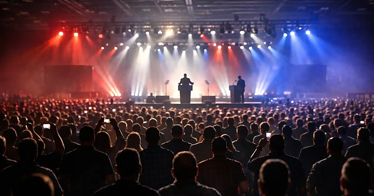 Wide view of massive political rally with thousands of silhouetted attendees facing illuminated stage