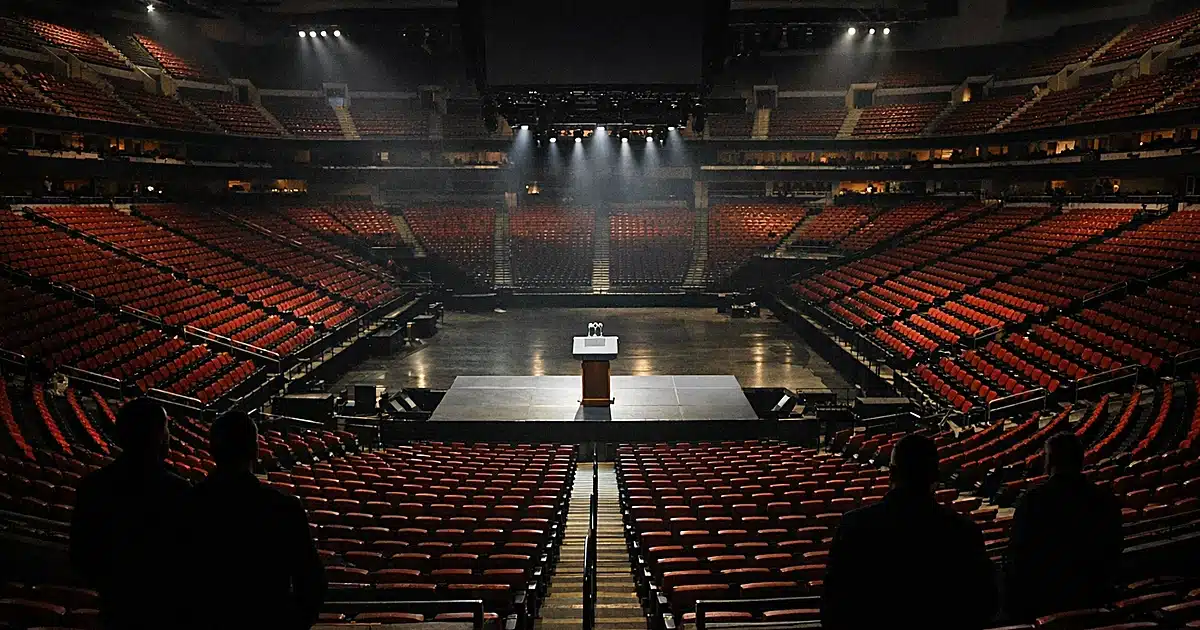 Empty arena with rows of vacant seats and lone illuminated podium on distant stage