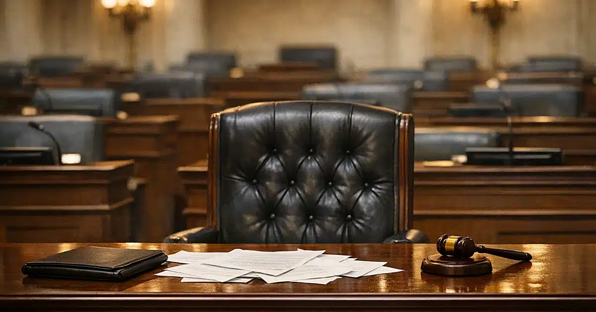 Empty governor's desk with papers in Rhode Island State House legislative chamber