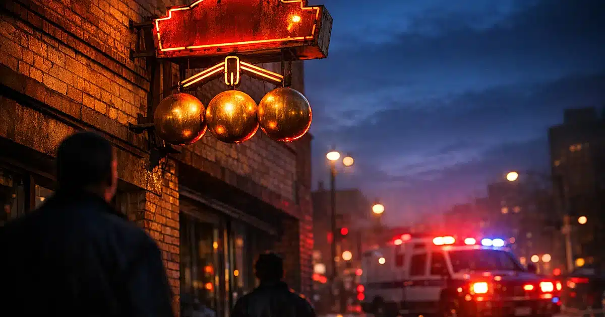 Illuminated vintage pawn shop sign with three spheres glowing against evening sky with emergency lights below