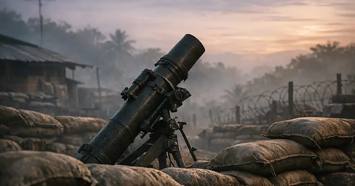 Military mortar tube at firebase perimeter with sandbags against jungle treeline at dusk
