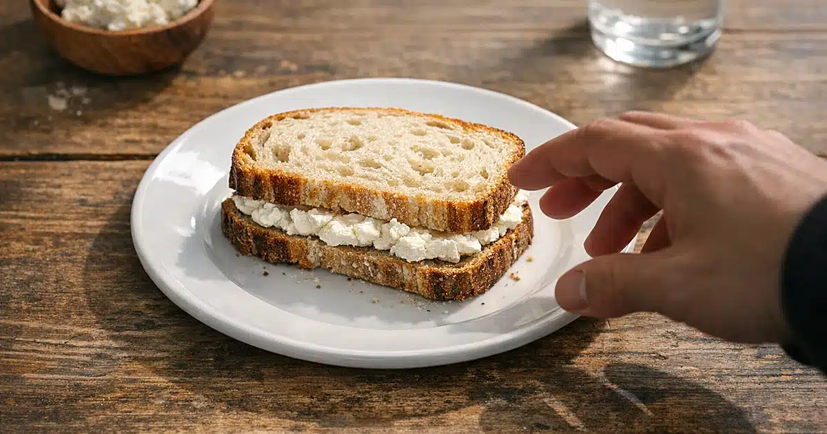 Overhead view of a simple goat cheese sandwich on white plate with hand reaching toward it from side