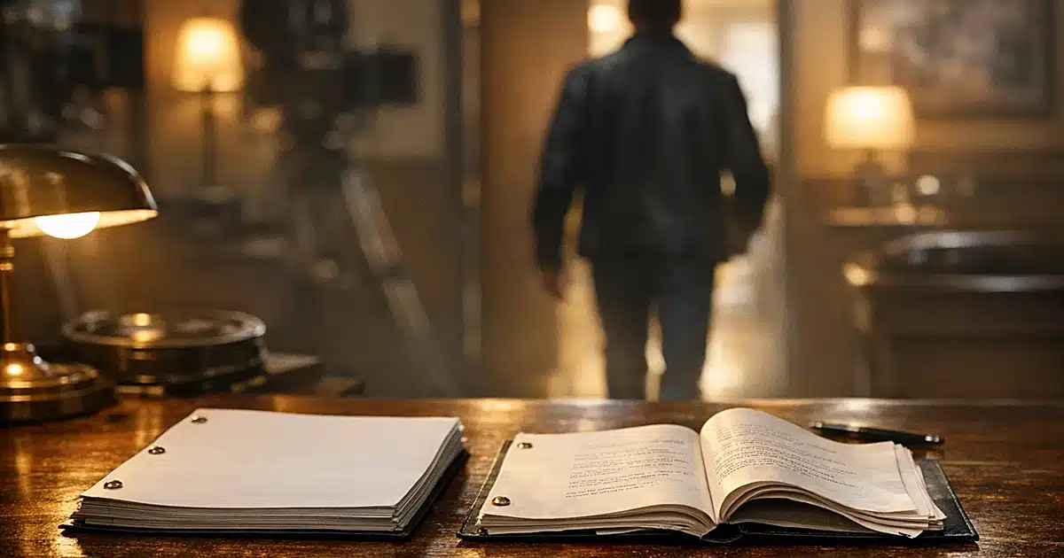 Two film scripts on casting office desk with silhouetted figure walking away in background
