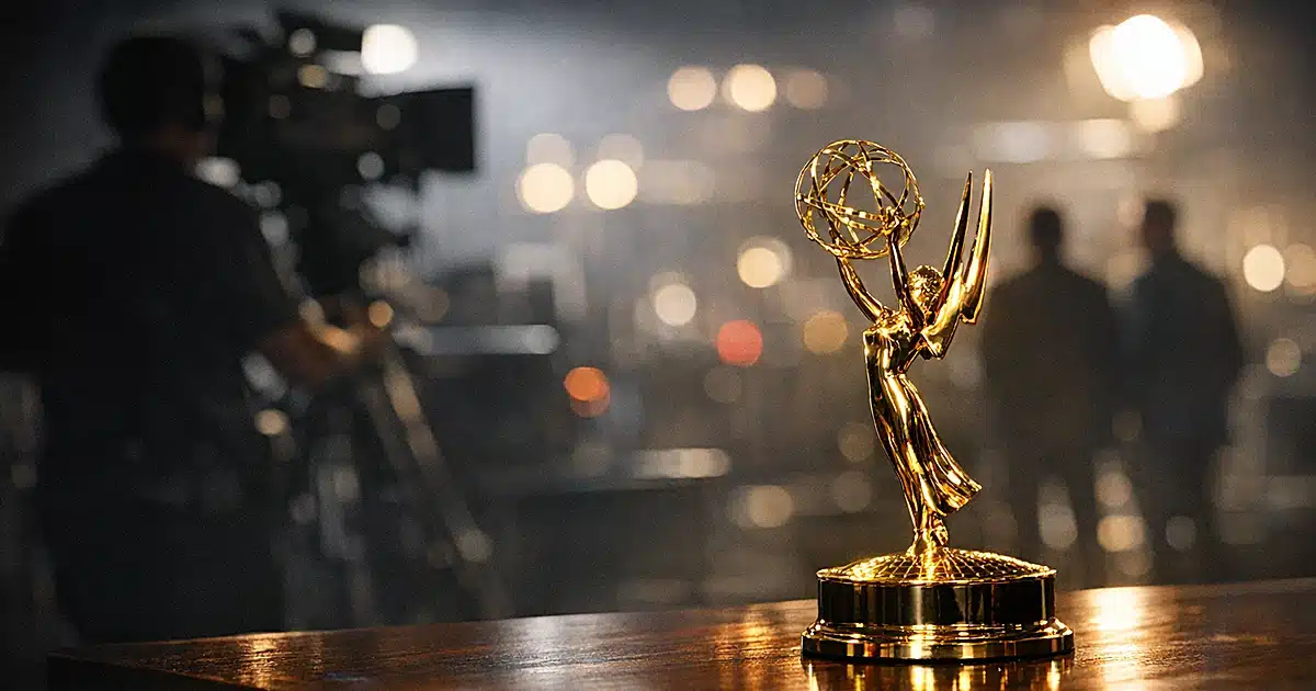 Emmy Award statuette on dark surface with dramatic side lighting against black background