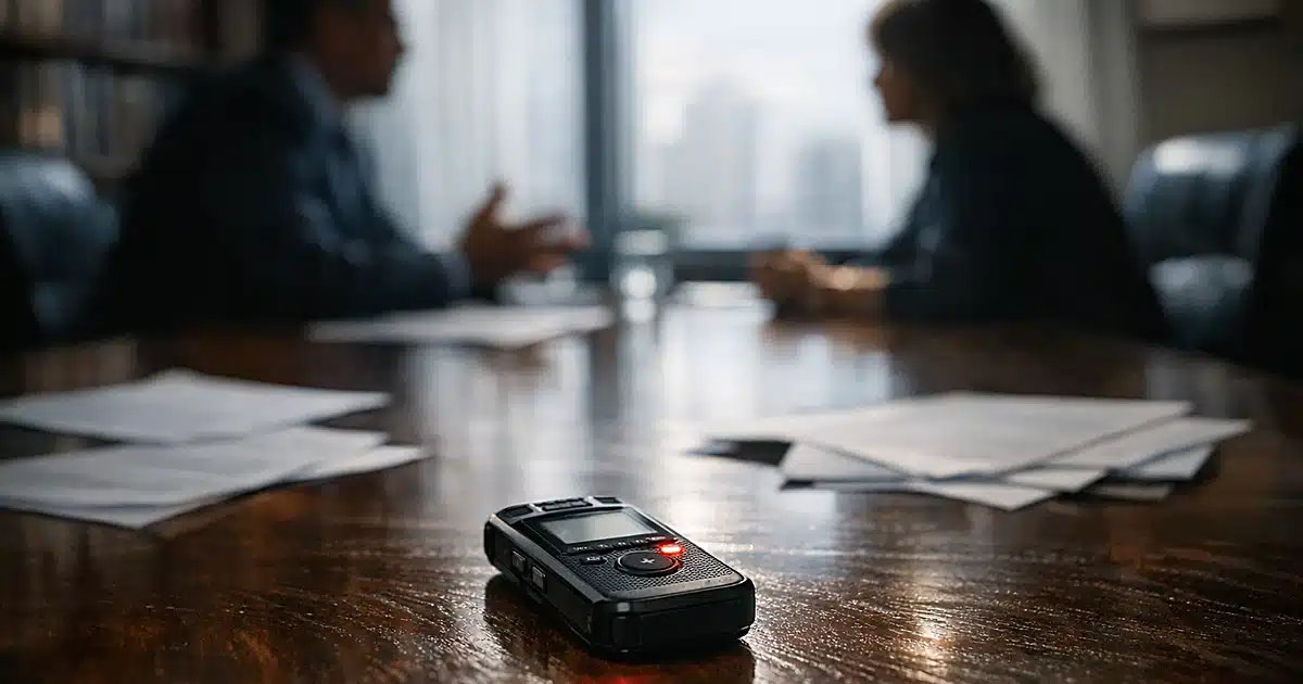 Audio recorder with glowing red light on conference table during tense law office meeting with silhouetted figures