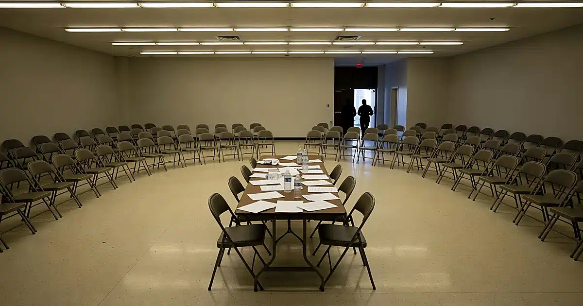 Empty Democratic party meeting hall with scattered papers on table and silhouettes exiting through doors
